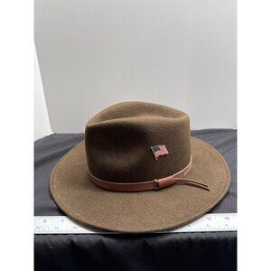Vintage Brown Flex Felt Fedora Hat With Pink Leather Band & USA Flag Pin